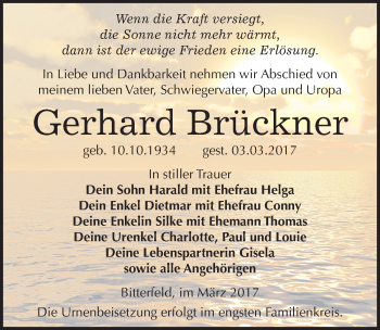 Traueranzeige von Gerhard Brückner von Mitteldeutsche Zeitung Bitterfeld