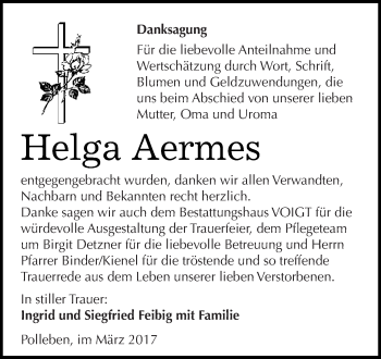 Traueranzeige von Helga Aermes von Super Sonntag SGH Mansf. Land