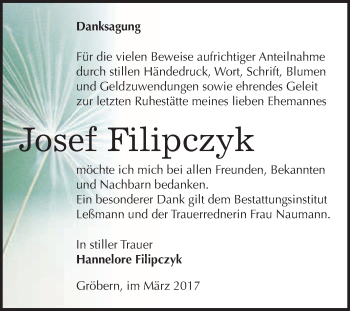 Traueranzeige von Josef Filipczyk von WVG - Wochenspiegel Bitterfeld
