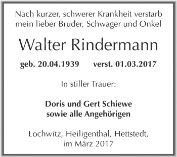 Traueranzeige von Walter Rindermann von Super Sonntag SGH Mansf. Land