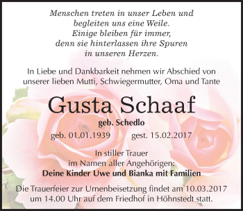 Traueranzeige von Gusta Schaaf von Mitteldeutsche Zeitung Halle/Saalkreis