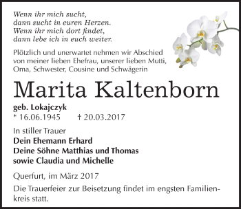 Traueranzeige von Marita Kaltenborn von Mitteldeutsche Zeitung Merseburg/Querfurt