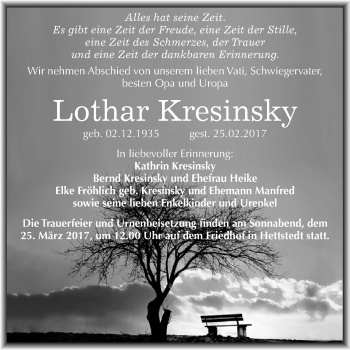 Traueranzeige von Lothar Kresinsky von Super Sonntag SGH Mansf. Land