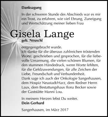 Traueranzeige von Gisela Lange von Mitteldeutsche Zeitung Sangerhausen