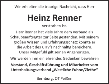 Traueranzeige von Heinz Renner von Super Sonntag Bernburg