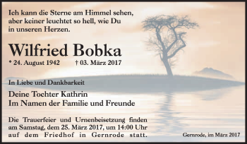 Traueranzeige von Wilfried Bobka von Super Sonntag Quedlinburg