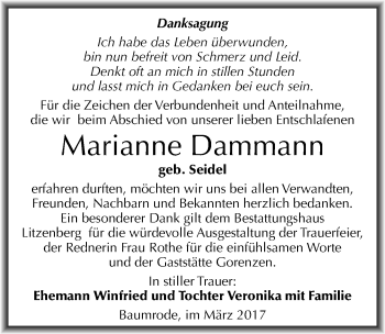 Traueranzeige von Marianne Dammann von Mitteldeutsche Zeitung Mansfelder Land