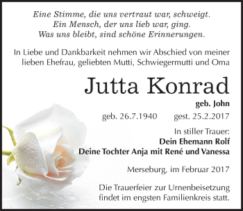 Traueranzeige von Jutta Konrad von Mitteldeutsche Zeitung Merseburg/Querfurt