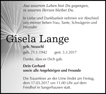 Traueranzeige von Gisela Lange von Super Sonntag SGH Mansf. Land