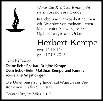 Traueranzeige von Herbert Kempe von Mitteldeutsche Zeitung Weißenfels