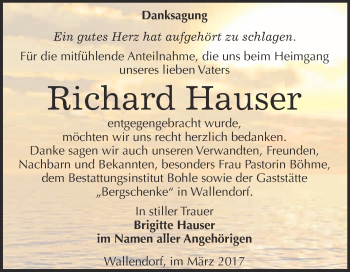 Traueranzeige von Richard Hauser von Super Sonntag Halle