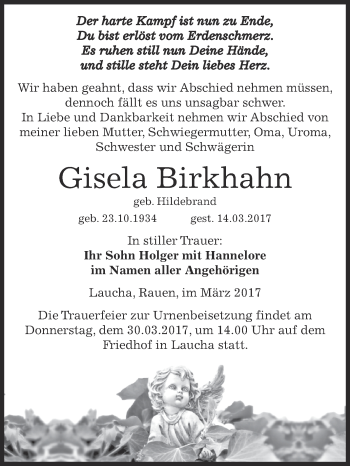 Traueranzeige von Gisela Birkhahn von WVG - Wochenspiegel NMB / WSF / ZTZ