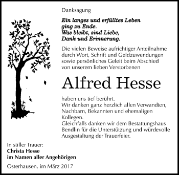 Traueranzeige von Alfred Hesse von Mitteldeutsche Zeitung Mansfelder Land