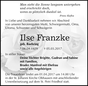 Traueranzeige von Ilse Franzke von Mitteldeutsche Zeitung Merseburg/Querfurt