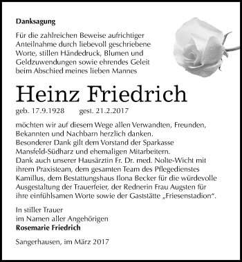 Traueranzeige von Heinz Friedrich von Mitteldeutsche Zeitung Sangerhausen
