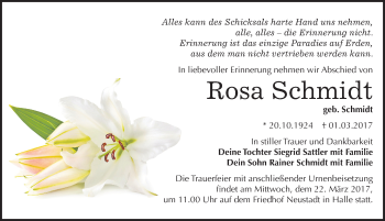 Traueranzeige von Rosa Schmidt von Mitteldeutsche Zeitung Halle/Saalkreis