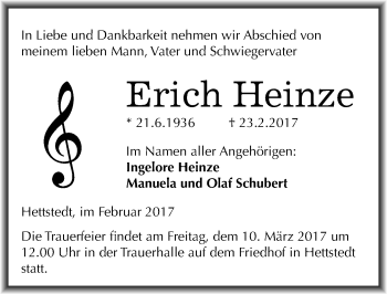 Traueranzeige von Erich Heinze von Mitteldeutsche Zeitung Mansfelder Land