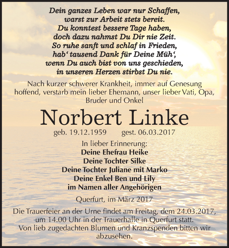  Traueranzeige für Norbert Linke vom 11.03.2017 aus Mitteldeutsche Zeitung Merseburg/Querfurt