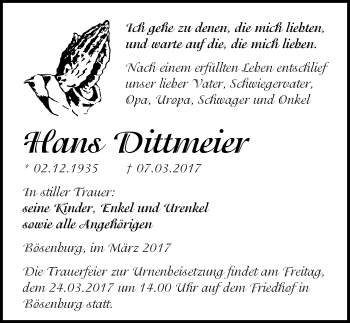 Traueranzeige von Hans Dittmeier von Mitteldeutsche Zeitung Mansfelder Land