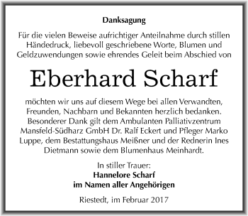 Traueranzeige von Eberhard Scharf von Mitteldeutsche Zeitung Sangerhausen