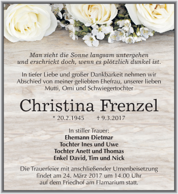 Traueranzeige von Christina Frenzel von Mitteldeutsche Zeitung Halle/Saalkreis