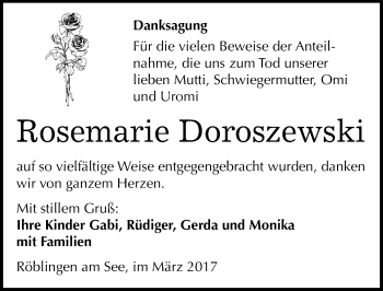 Traueranzeige von Rosemarie Doroszewski von Mitteldeutsche Zeitung Mansfelder Land