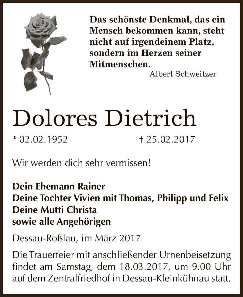  Traueranzeige für Dolores Dietrich vom 04.03.2017 aus WVG - Wochenspiegel Dessau / Köthen
