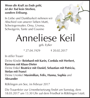 Traueranzeige von Anneliese Keil von Mitteldeutsche Zeitung Mansfelder Land