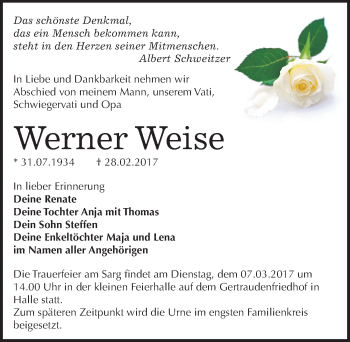 Traueranzeige von Werner Weise von Mitteldeutsche Zeitung Halle/Saalkreis