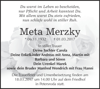 Traueranzeige von Meta Merzky von WVG - Wochenspiegel Bitterfeld