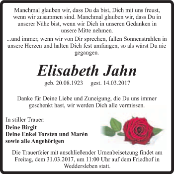 Traueranzeige von Elisabeth Jahn von Super Sonntag Quedlinburg