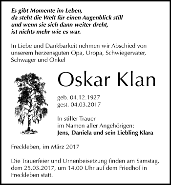 Traueranzeige von Oskar Klan von Mitteldeutsche Zeitung