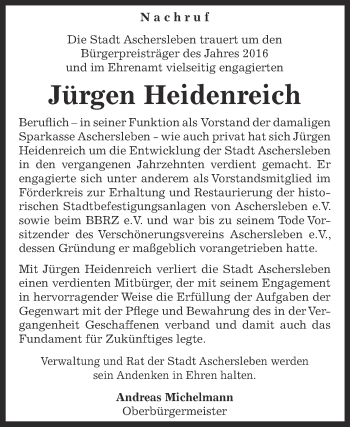 Traueranzeige von Jürgen Heidenreich von Super Sonntag SGH Mansf. Land