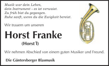 Traueranzeige von Horst Franke von Super Sonntag Quedlinburg
