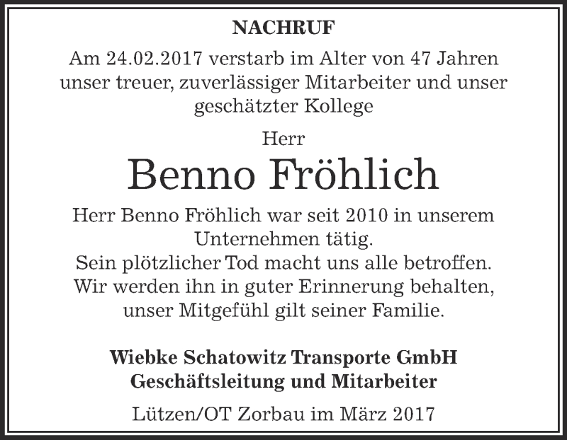  Traueranzeige für Benno Fröhlich vom 25.03.2017 aus WVG - Wochenspiegel NMB / WSF / ZTZ