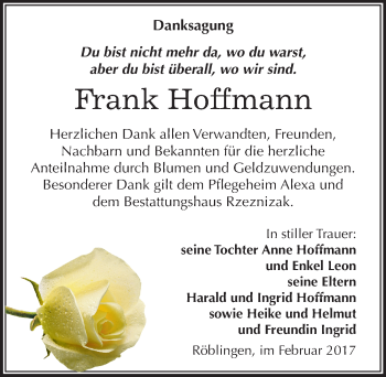 Traueranzeige von Frank Hoffmann von Mitteldeutsche Zeitung Mansfelder Land