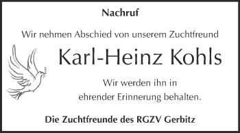 Traueranzeige von Karl-Heinz Kohls von Super Sonntag Bernburg