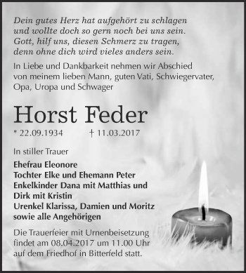 Traueranzeige von Horst Feder von WVG - Wochenspiegel Bitterfeld