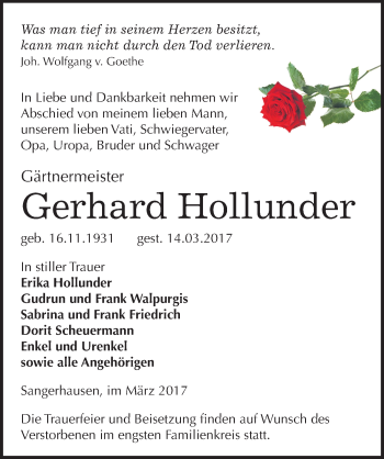 Traueranzeige von Gerhard Hollunder von Mitteldeutsche Zeitung Sangerhausen