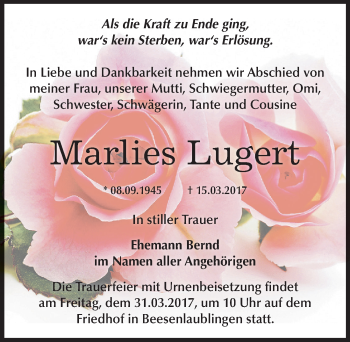 Traueranzeige von Marlies Lugert von Mitteldeutsche Zeitung Bernburg
