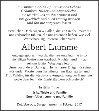 Traueranzeige von Albert Lumme von Super Sonntag SGH Mansf. Land