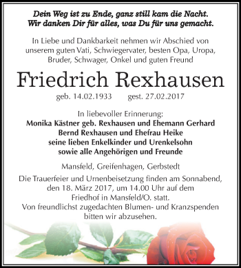 Traueranzeige von Friedrich Rexhausen von Super Sonntag SGH Mansf. Land