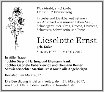 Traueranzeige von Lieselotte Ernst von Super Sonntag Quedlinburg