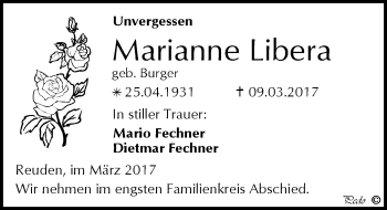 Traueranzeige von Marianne Libera von Mitteldeutsche Zeitung Zeitz