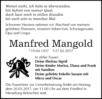 Traueranzeige von Manfred Mangold von Mitteldeutsche Zeitung Merseburg/Querfurt