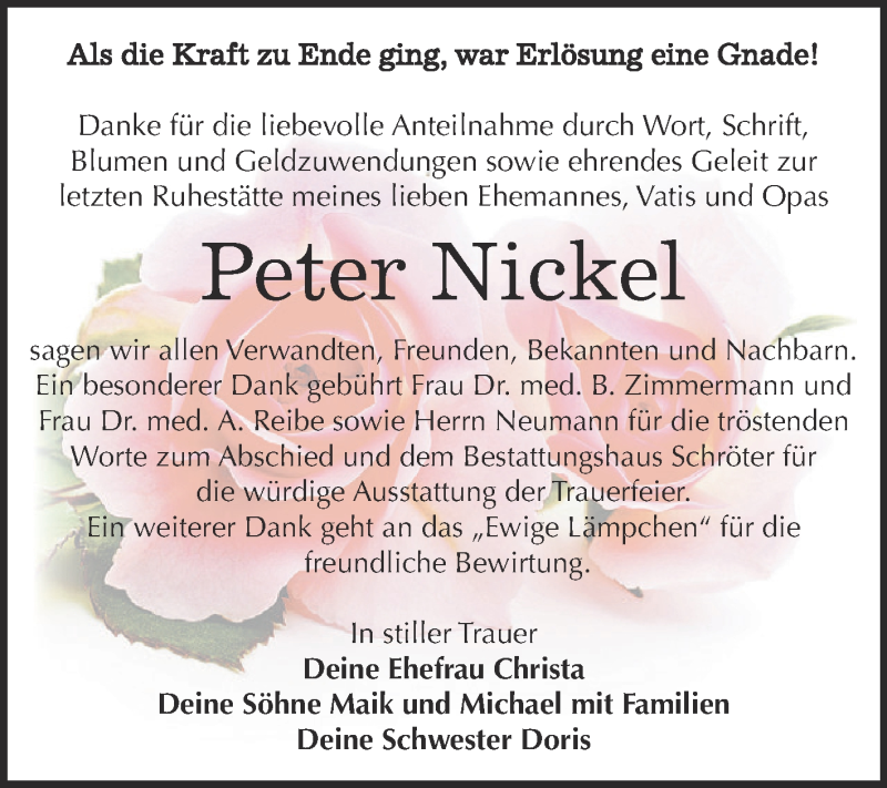  Traueranzeige für Peter Nickel vom 11.03.2017 aus WVG - Wochenspiegel Dessau / Köthen