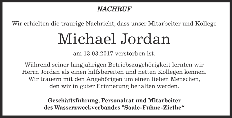  Traueranzeige für Michael Jordan vom 25.03.2017 aus Super Sonntag Bernburg
