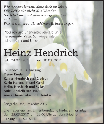 Traueranzeige von Heinz Hendrich von Mitteldeutsche Zeitung Sangerhausen