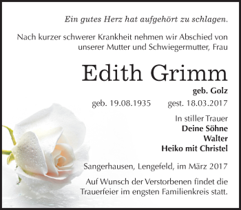 Traueranzeige von Edith Grimm von Mitteldeutsche Zeitung Sangerhausen