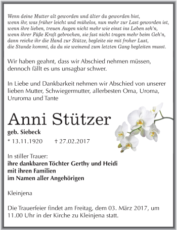 Traueranzeige von Anni Stützer von Mitteldeutsche Zeitung Naumburg/Nebra